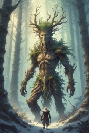 A walking tree ent in a mythic forest, fantasy,Christmas Fantasy World