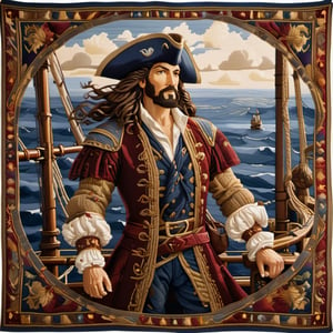 master tapissier, Woolcraft, sci-fi Renaissance fantasy world, A tapestry unfolds the portrait of Sir Reynard, a swashbuckling pirate with windswept hair, standing on the deck of a ship, his eyes fixed on the horizon. Crafted with precision, this tapestry comes to life as skilled hands weave vibrant threads of wool into a breathtaking person. Each stitch contributes to the play of light and shadow, capturing the essence of thier natural beauty. The weaver's expertise transforms raw wool into a masterpiece, inviting viewers to immerse themselves in the intricacies of the woven people
Intricate
Elegant
Exquisite
Artisanal
Elaborate
Sumptuous
Opulent
Meticulous
Regal
Lavish