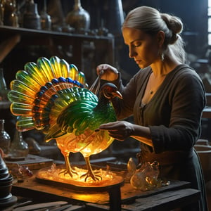 (Elvish craft woman making a detailed Glass blown turkey sculpture in a detailed glass workshop, furnace, detailed Glass blown turkey sculpture, close up, detailed glass work, working on, heat, hot), Epic cinematic brilliant stunning intricate meticulously detailed dramatic atmospheric maximalist digital matte painting,Glass,
