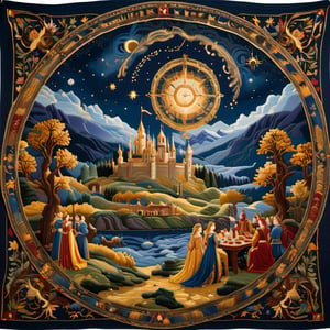 In the Renaissance realm of Eldoria, a tapestry unfolds, portraying a majestic courtly feast under a sky ablaze with magical constellations, woven in threads of celestial blue and golden hues.