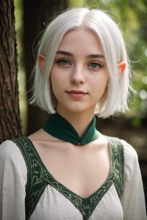 best quality, 20 years old elven woman, pretty face, cute, natural beauty, green eyes, bob cut white hair, Fujifilm gx100