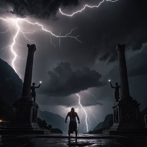 Epic cinematic photo shot from Zeus, in the background is the Olymp, Lightning, dark atmosphere, epic 