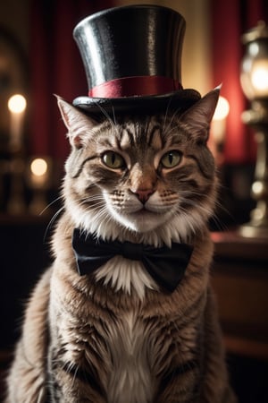 cinematic film still ,cat, smiling, Top hat, victorian freak show, amazing details, dark atmosphere, shallow depth of field, vignette, highly detailed, high budget, cinemascope, moody, epic, gorgeous, film, Fujichrome Provia 100F, F/8, RTX, photolab, high quality photography, 3 point lighting, flash with softbox, 4k, Canon EOS R3, hdr, smooth, sharp focus, high resolution, award winning photo, 80mm, f2.8, bokeh