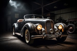 Award-winning photo, Oldtimer, sports car, dieselpunk, dark  atmosphere