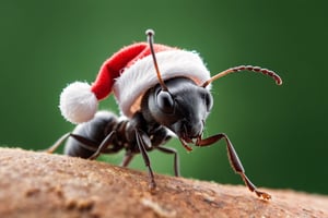 macro shot, ant wearing Christmas hat