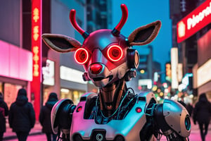 Rudolph the red nose robot, deer, cyberpunk, war machine,Fujichrome Provia 100F, F/8, RTX, photolab