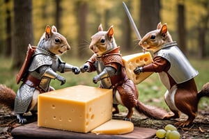 epic battle between two squirrel knights, riding on horses made of cheese, Fujichrome Provia 100F, F/8, RTX, photolab