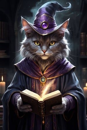distopian art, illustration, a old cat mage, holding a magic book, fearful, wrathful eyes, dark atmosphere