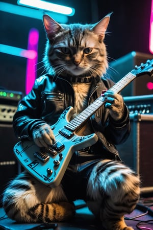 cyberpunk cat, playing metal guitar, Fujichrome Provia 100F, F/8, RTX, photolab
