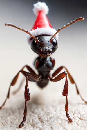 macro shot, ant wearing Christmas hat