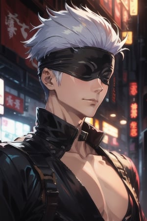 ((masterpiece, best quality))blindfolded,SATORU GOJO, 1boy, from_side ,masterpiece, incredibly absurdres, ultra detailed, ultra quality, sharp focus, soft smile, taking off the blindfold.
