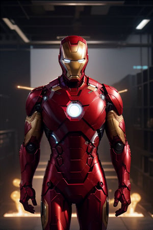 Red mechanical armor bursting all over the body, the chest has a wireless energy light to power the whole body mech, full of muscle and technology, combined with the image of Iron Man in the film, flying in the air in the magnificent action.