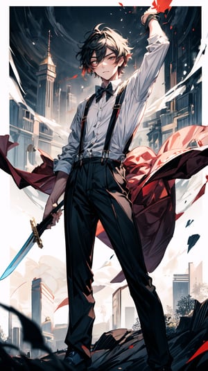 A boy, holding a western sword in his left hand, suspenders, long legs, sexy, with a cold expression, character \(series\), Zhongli,(wearing DK), (school_uniform)