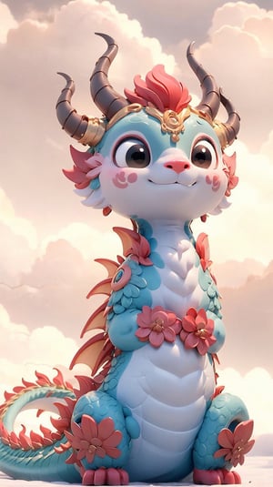 solo, blush, smile, brown eyes, sitting, tail, horns, sky, cloud, no humans, dragon, dragon tail, happy