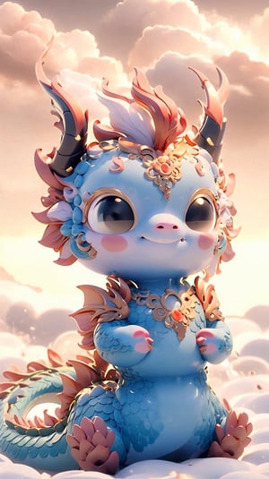 solo, blush, smile, brown eyes, sitting, tail, horns, sky, cloud, no humans, dragon baby, dragon tail, auspicious clouds floating around, and there is a clear spring at dragon feet.