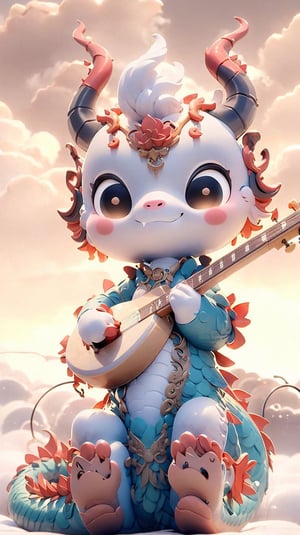 solo, blush, smile, brown eyes, sitting, tail, horns, sky, cloud, no humans, dragon baby, dragon tail, auspicious clouds floating around, instrument, claws, music, guitar, playing instrument, holding instrument