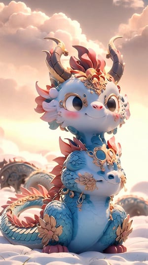 solo, blush, smile, brown eyes, sitting, tail, horns, sky, cloud, no humans, dragon, dragon tail, auspicious clouds floating around, and there is a clear spring at dragon feet.