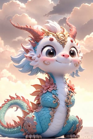 solo, blush, smile, brown eyes, sitting, tail, horns, sky, cloud, no humans, dragon, dragon tail, happy