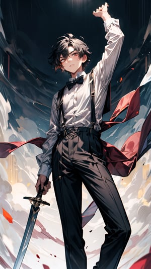 A boy, wearing a tuxedo, holding a western sword in his left hand, suspenders, long legs, sexy, with a cold expression, character \(series\), Zhongli,(wearing DK), (school_uniform)
