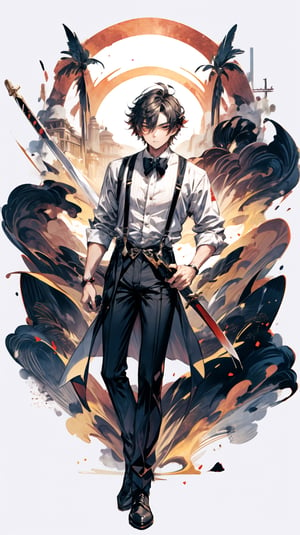 A boy, wearing a tuxedo, holding a western sword in his left hand, suspenders, long legs, sexy, with a cold expression, character \(series\), Zhongli,wearing DK