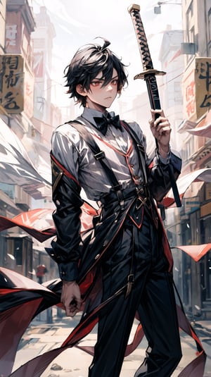 A boy, wearing a tuxedo, holding a western sword in his left hand, suspenders, long legs, sexy, with a cold expression, character \(series\), Zhongli,wearing DK