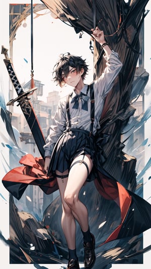 A boy, holding a western sword in his left hand, suspenders, long legs, sexy, with a cold expression, character \(series\), Zhongli,(wearing DK), (school_uniform)