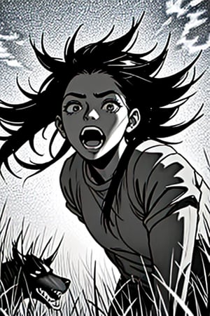 a drawing of a man with a long hair running through a field of grass with a demon like creature in the background, Baiōken Eishun, rob rey and kentaro miura style, a manga drawing, rayonism,1boy, aura, emphasis lines, greyscale, male focus, monochrome, motion lines, open mouth, solo, teeth, veins,High-res, impeccable composition, lifelike details, perfect proportions, stunning colors, captivating lighting, interesting subjects, creative angle, attractive background, well-timed moment, intentional focus, balanced editing, harmonious colors, contemporary aesthetics, handcrafted with precision, vivid emotions, joyful impact, exceptional quality, powerful message, in Raphael style, unreal engine 5,octane render,isometric,beautiful detailed eyes,super detailed face and eyes and clothes,More Detail,anarchy stocking,manga,monochrome,<lora:659111690174031528:1.0>,<lora:659111690174031528:1.0>