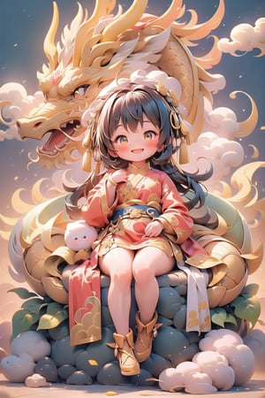 (masterpiece), 1girl in red chinese dress, with a golden dragon, blush, open mouth, smile