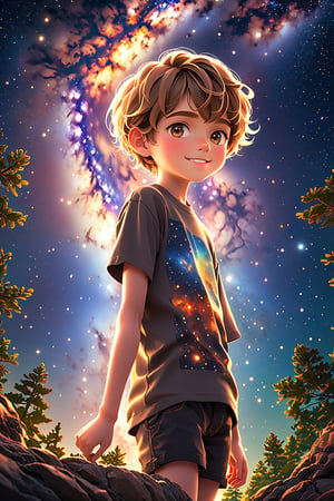 best quality, masterpiece, beautiful and aesthetic, vibrant color, Exquisite details and textures,  Warm tone, ultra realistic illustration,	(handsome European Boy, 10year old:1.5),	(The milky way theme:1.4), (Forest theme:1.2),	cute eyes, big eyes,	(a beautiful smile:1.1),	cinematic lighting, ambient lighting, sidelighting, cinematic shot,	siena natural ratio, children's body, anime style, 	half body view,	Dark blonde long bob cut with blunt bangs,	wearing a Cute printing T-shirt and shorts,	ultra hd, realistic, vivid colors, highly detailed, UHD drawing, perfect composition, beautiful detailed intricate insanely detailed octane render trending on artstation, 8k artistic photography, photorealistic concept art, soft natural volumetric cinematic perfect light. 