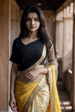 ((Masterpiece)),((Ultra Best quality)),Photorealistic,8k raw photo,((Hyperdetailed)),Girl,((Any Pose)).Beautiful Face,wearing black blouse and saree,blurry_light_background, ((medium Round Boobs)), detailed, perfect body, perfect hand,thick thigh,japanese girl,looking at the viewer,background landscape,Long hair,thigh exposure,perfect hands,best lighting,natural light,soft light,digital photography,yellow eyes,Divya Bharti,Photo Real