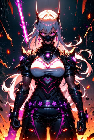 Cyberpunk raiden shogun, braid, large breasts, hair flower, long hair, purple hair, ribbon, mole, evil smile, purple flower, shoulder armor, japanese clothes, hair ornament, kimono, flower, armor, solo, purple eyes, cleavage, purple kimono, large breasts, earrings,  lightnings-around, rocks, ruins, red-eyes, eyes-glowing, top hat, thunderstorm, lightnings around her, epic anime art, thin waist, beautiful figure, wide hips, sexy, teen, belts, holster, crop top, (best quality, ultra quality), detailed face, detailed eyes, cute eyes, perfect lighting, HD, 8k, glossy skin, masterpiece, digital art, intricate details, highly detailed, volumetric lighting, background detiled, ue5, unreal engine 5, artstation, trending on artstation, post processing, line art, tiny details, colorful detailed illustration, outer_space 1960s, cinematic, multiple light sources, sunset,r1ge,Mecha warrior, mask on mouth, spike_collar, raiden_shogun_(genshin_impact), raiden_(genshin_impact)