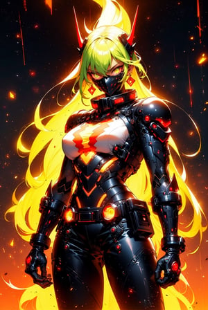 Cyberpunk c.c., very long hair, green_hair, large breasts, earrings,  fire-around, rocks, ruins, red-eyes, eyes-glowing, top hat, rain-fire, fire around her, epic anime art, thin waist, beautiful figure, wide hips, sexy, teen, belts, holster, crop top, (best quality, ultra quality), detailed face, detailed eyes, cute eyes, perfect lighting, HD, 8k, glossy skin, masterpiece, digital art, intricate details, highly detailed, volumetric lighting, background detiled, ue5, unreal engine 5, artstation, trending on artstation, post processing, line art, tiny details, colorful detailed illustration, outer_space 1960s, cinematic, multiple light sources, sunset,r1ge,Mecha warrior, mouth_mask, spike_collar, c.c.