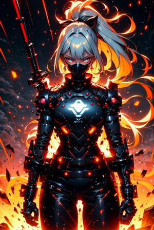 Cyberpunk kamisato ayaka, blunt bangs, hair bow, hair ribbon, black ribbon, light blue hair, grey eyes, mole under eye, ponytail,, long hair, ponytail, large breasts, earrings,  fire-around, rocks, ruins, red-eyes, eyes-glowing, top hat, rain-fire, fire around her, epic anime art, thin waist, beautiful figure, wide hips, sexy, teen, belts, holster, crop top, (best quality, ultra quality), detailed face, detailed eyes, cute eyes, perfect lighting, HD, 8k, glossy skin, masterpiece, digital art, intricate details, highly detailed, volumetric lighting, background detiled, ue5, unreal engine 5, artstation, trending on artstation, post processing, line art, tiny details, colorful detailed illustration, outer_space 1960s, cinematic, multiple light sources, sunset,r1ge,Mecha warrior, mask on mouth, spike_collar, 