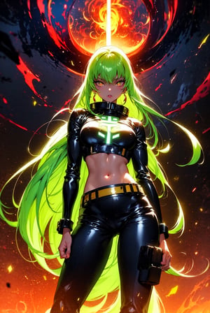 Cyberpunk c.c., very long hair, green_hair, large breasts, earrings,  fire-around, rocks, ruins, red-eyes, eyes-glowing, top hat, rain-fire, fire around her, epic anime art, thin waist, beautiful figure, wide hips, sexy, teen, belts, holster, crop top, (best quality, ultra quality), detailed face, detailed eyes, cute eyes, perfect lighting, HD, 8k, glossy skin, masterpiece, digital art, intricate details, highly detailed, volumetric lighting, background detiled, ue5, unreal engine 5, artstation, trending on artstation, post processing, line art, tiny details, colorful detailed illustration, outer_space 1960s, cinematic, multiple light sources, sunset,r1ge,Mecha warrior, mouth_mask, spike_collar, c.c.,c.c.