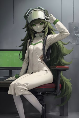  extremely long hair, solo, green hair, sexrobot, robot, robot girl,science fiction, (hiyajo maho:1.2), looking at viewer, smile