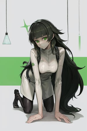 extremely long hair, solo, green hair, sexrobot, robot, robot girl,science fiction, (hiyajo maho:1.2), looking at viewer, all fours