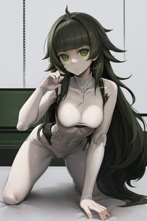  extremely long hair, solo, green hair, sexrobot, robot, robot girl,science fiction, (hiyajo maho:1.2), looking at viewer, all fours