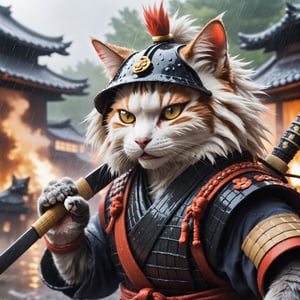 Closeup Photo, an cat, fluffy fur, Ronin fighting against the shogun on a battlefield, heavy rain, fire, smoke,anthro
