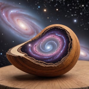 photo, closeup, an galaxy inside a nutshell, on a wooden table