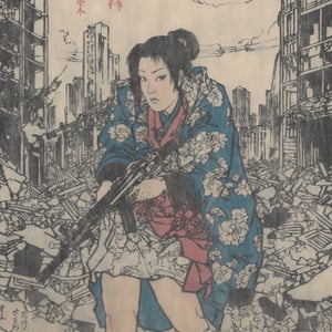 Closeup cyberpunk woman in a destroyed city, holding gun,Ukiyo-e