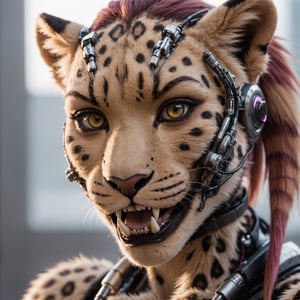closeup,photo,face portrait, anthro, leopard , female,cyberpunk warrior , robotic parts, natural light, fangs, tongue ,furry