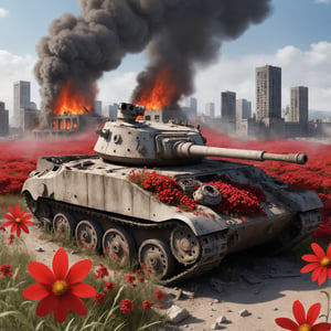 Digital art, an overgrown destroyed and outburned tank with wild red flowers, destroyed city background after ww3