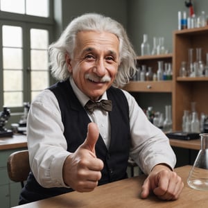 Photo, Einstein sitting on a table in his lab, give a thumbs up, smiling, natural light 