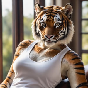 Detailed realistic , photo of a anthro, tiger, female, wearing a white tank top, natural light 