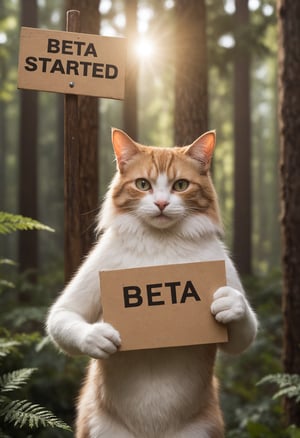 Photo,cat holding a sign , text "beta started", forest background , natural light