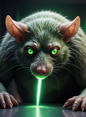 detailed closeup photo, a  green glowing mutant rat , demonic eyes ,on a lab table getting hit by laser beam, detailed light, 