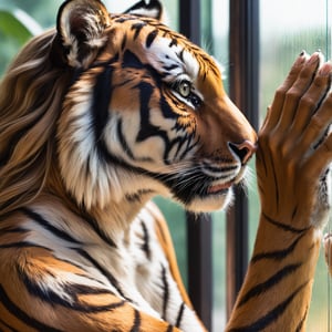 Detailed realistic , photo of a anthro, tiger, female, touching a glass wall, natural light 