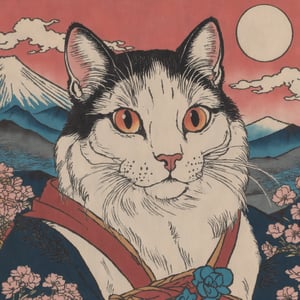 Detailed  closeup colourful ukiyoe of a cat, mount Fuji background 