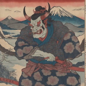 Detailed  closeup colourful ukiyoe of a oni, mount Fuji background ,Ukiyo-e