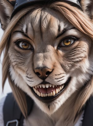 Detailed closeup face  photo, 25 year old  lynx woman, detailed, eyes, fluffy fur , mechanic outfit, fangs